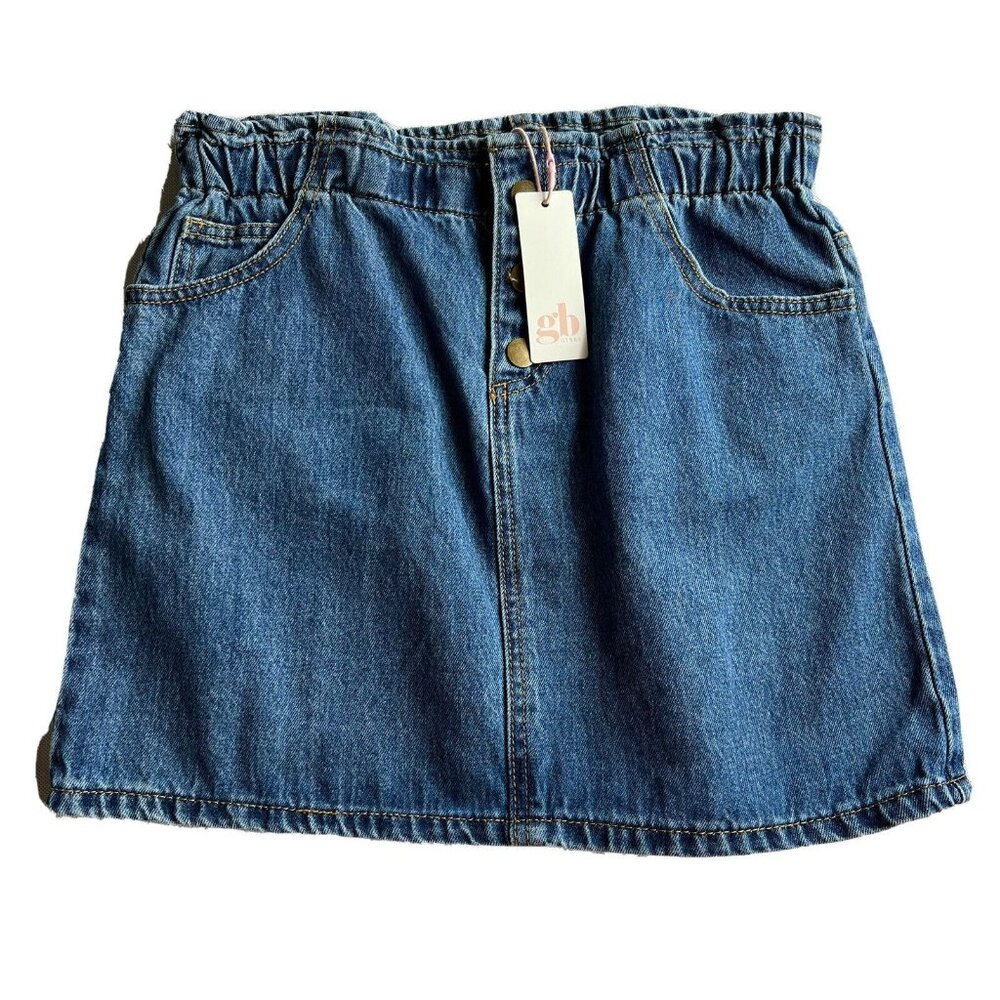 GB Girls Youth Skirt Natural Blue Denim Elastic Waist Zip Button Size XL